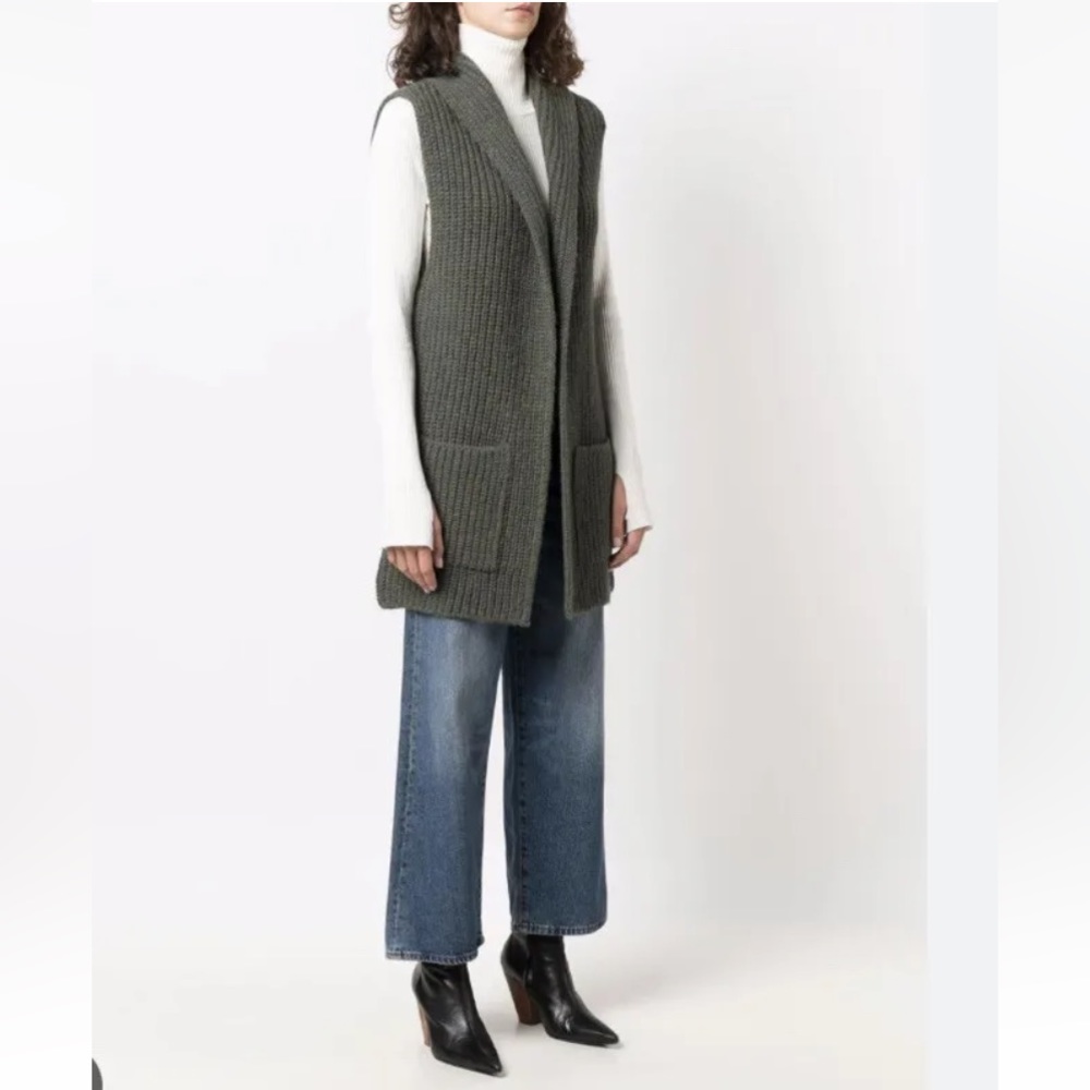 CLOSED Designer Chunky Knit Cardigan Sweater Open Front Green Alpaca Blend Small